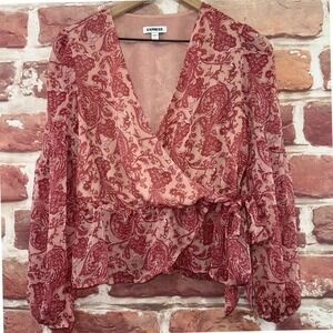 Express Top Women's Small Pink Boho Floral Chiffon Surplice Wrap Side Tie Shirt